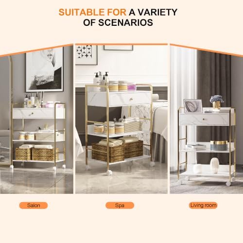 Salon Rolling Trolley with Lockable Wheels Barber Cart with Storage Drawer Mobile Hair Station Cabinet for Beauty Makeup Esthetician Spa Massage (White Marble+one Drawer+Two Shelves) - Image 2