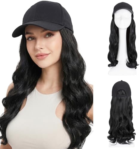 SEGO Baseball Cap with Hair Extensions for Women Heat Resistant Synthetic 16" Adjustable Long Wavy Hairpiece Replacement Wigs in Black Hat for Girls 1A Black by SEGO