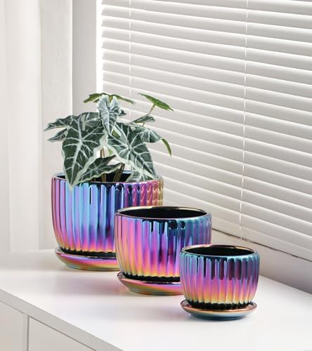 Ceramic Planters,Plant Pots with Drainage Holes & Saucers Set of 3(Purple) - Image 6