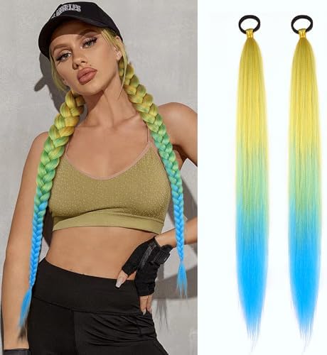 Ponytail Extension with Hair Tie 26'' Yellow Blue Gradient Braid Ponytail by LyoRuSi