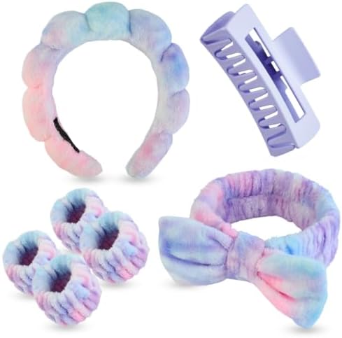 7 Pcs Spa Set, Facial Headband and Wristband Set, Skincare Accessories, College Style Girl Gift, Hair Accessories for Women and Girls（Tie Dye Purple） by Unknown