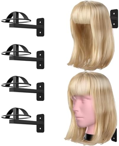 Wig Holder For Multiple Wigs, 4pcs Wig Head Stand For Styling , Wig Hanger Display Mannequin Head Wall Mount Metal Rack(Black) by LhysnWeareprofessionalracksellerwith20yearsofexperience