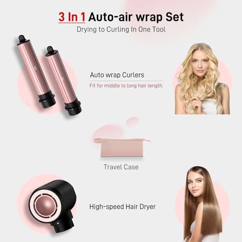 3 in 1 Hair Styler - Fast Drying Hair Dryer & Auto Air Wrap Curlers Set, 1 Inch Curling Iron Long Barrel, Frizz-Free No Heat Damage Hot Air Styler for All Types (Black) - Image 2