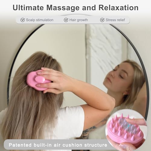 FREATECH Massager Shampoo Brush with Soft Silicone Bristles for Scalp Care, Shower Hair Scalp Scrubber Exfoliator for Dandruff Removal and Hair Growth, Wet & Dry for Men, Women and Kids, Pink - Image 5