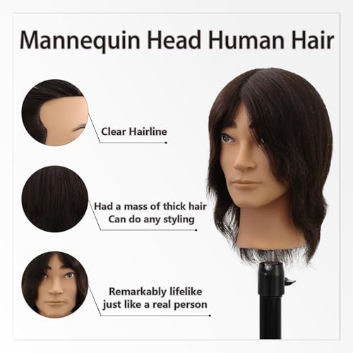 12 Inch Male Mannequin Head,100% Real Deep Black Human Hair for Barber Exam & Haircut Styling Training,Manikin with Free Clamp Stand (1b#) - Image 4