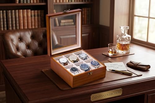 Watch Box, Watch Case for Men Women with Large Glass Lid, Wooden Watch Display Storage Box with 6 - Slots, Classic Walnut 6x2 Mens Watch Box Organizer - Image 2