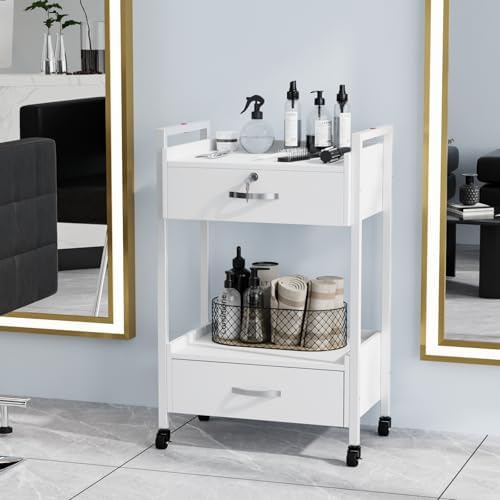OmySalon Salon Trolley Cart with Wheels, Esthetician Cart with 2 Drawers & 2 Trays, Mobile Storage Organizer for Beauty Spa Massage Tattoo Esthetic Facial Tool Holder Station, White - Image 2