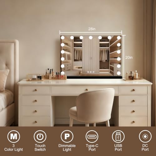 Moonee Vanity Mirror with Lights, 28"×20", with USB Charging Port, Black - Image 3