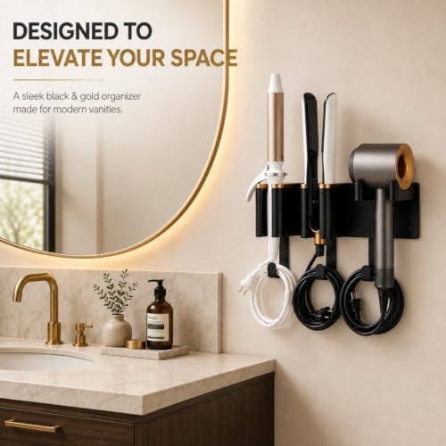 Hair Tool Organizer Wall Mount, 3 in 1 Vanity Organizer Hair Dryer and Curling Iron Holder, Curling Iron Holder Wall Mount, Blow Dryer Wall Mount Holder Black Gold Aluminum Alloy ABS - Image 6