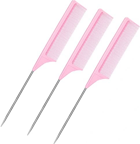 Leinuosen 3 Pack 9 Inch Rat Tail Comb with Metal Pick, Carbon Fiber,Pink by Leinuosen