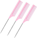 Leinuosen 3 Pack 9 Inch Rat Tail Comb with Metal Pick, Carbon Fiber,Pink by Leinuosen