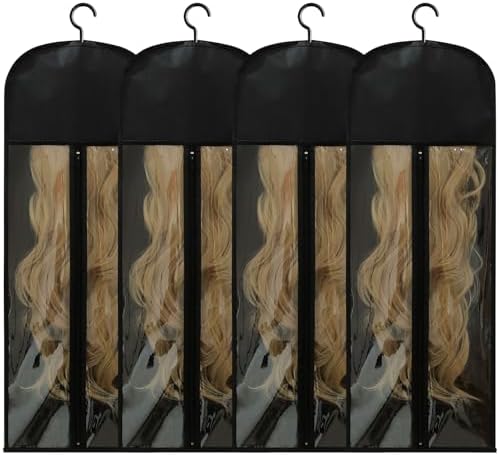 Jonley 4Pcs Extra Long Wig Storage Bags with Hanger, Wig Storage for Multiple Wigs, Wig Bag with Hook Storage, Breathable and Easy Carry Home Hair Salon Travel Use (Black 31.5in) by Unknown
