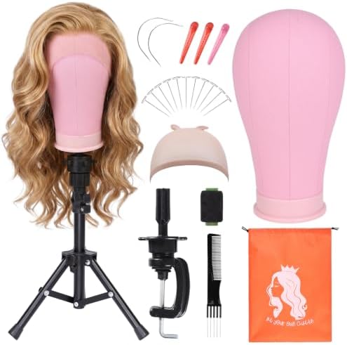 14-22" Wig Stand Tripod with 22 In Canvas Wig Head,Pink by PWEOUKE
