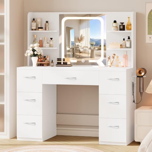 LIVELYGLOW 43" Large White Makeup Vanity Desk with Charging Station by LIVELYGLOW