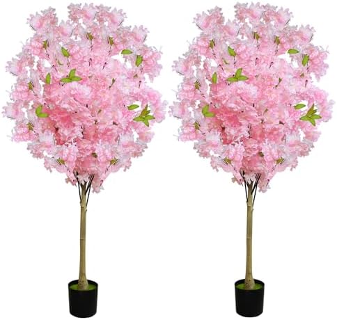 2 Pack Artificial Cherry Blossom Tree,4FT Faux Cherry Blossom Plant in Pot with Pink Flowers,Artificial Silk Plants for Indoor Outdoor Decor,Front,Living Room,Office,Patio by Unknown