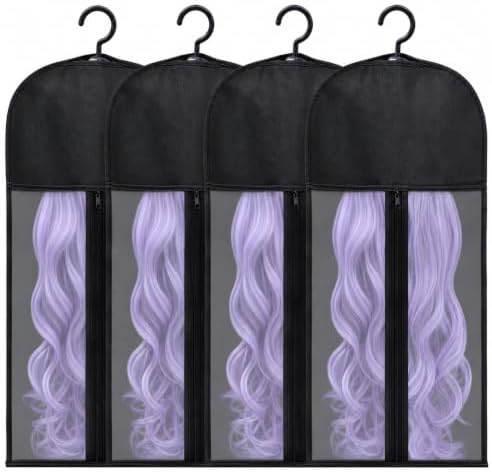 Hadwoer 4-Pack Hair Extension Holder - Wig Storage Bags with Hanger for Multiple Wigs, Dust-proof, Ideal for Hair Extensions & Accessories by Hadwoer