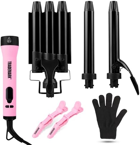 Trademark Beauty Interchangeable Iron Styling Kit - 3 in 1 Curling Iron, Hair Waver, and Curling Wand, Hair Styling Tool, 1 Inch Barrels, Mood - Pink/Black by TrademarkBeauty