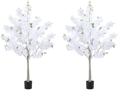 2 Pack White Artificial Cherry Blossom Tree, 4FT Faux Sakura Flowers Decor by Unknown