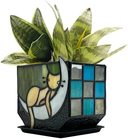 Tiffany Stained Glass Fun Moon Sleeping Cat Planter，Cactus Planter，Cute Planters for Indoor Plants,Decorative Flower Pots As Gifts for Cat Lovers，4.6x3x5.15 in by Entlityful