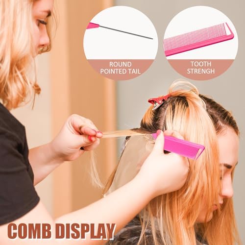 8pcs Rat Tail Combs Set,Long Steel Pin Teasing Combs for Salon Hair Stylists,2 styles and multiple colorsb of Metal Parting Combs for Women,Hair Teasing Fine Tooth Comb Aigee - Image 7