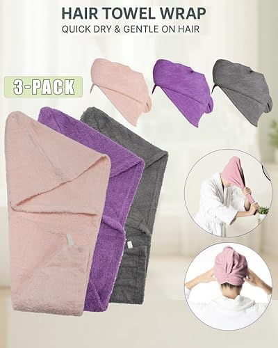 Textila 100% Cotton Hair Wrap Towels for Women (Pack of 3, Plum, Pink & Grey) – Soft & Absorbent Turban Towels for Long, Curly, Frizz-Prone Hair - Image 4