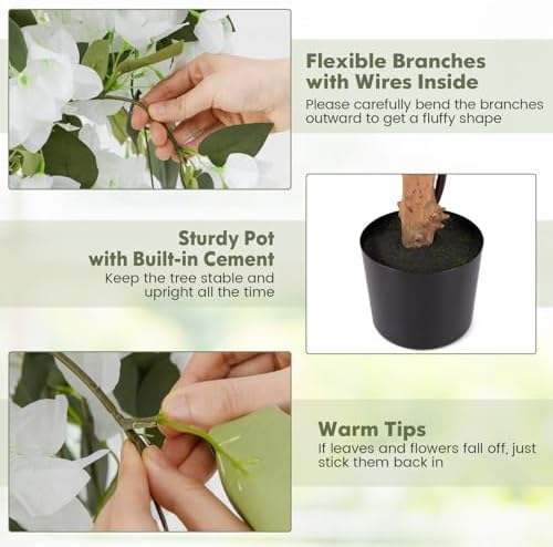 Goplus 53” Bougainvillea Artificial Tree, Faux Silk Flower Tree in Pot w/ 576 Flowers, 288 Leaves, Tall Fake Floor Plant, Artificial Plants for Indoor Outdoor Bedroom Living Room Decor, White - Image 5