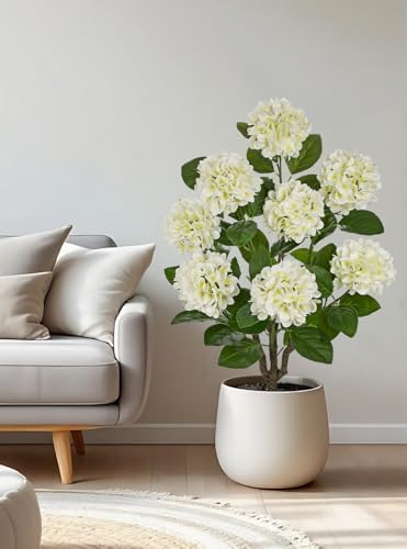3FT White Hydrangea Artificial Flowers Tree Large Real Touch Faux Silk Hydrangea Plants Potted Fake Flower in Black Pot for Home Indoor Outdoor Front Porch Garden Entrance Living Room Decor - Image 4