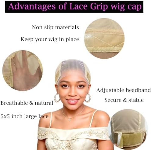 5x5 Large Lace Wig Grip Cap for Glueless Wig, Adjustable Wig Cap for Lace Front, One Size Fits All No-Slip Wig Cap with Grip Band for Women (Beige) - Image 3