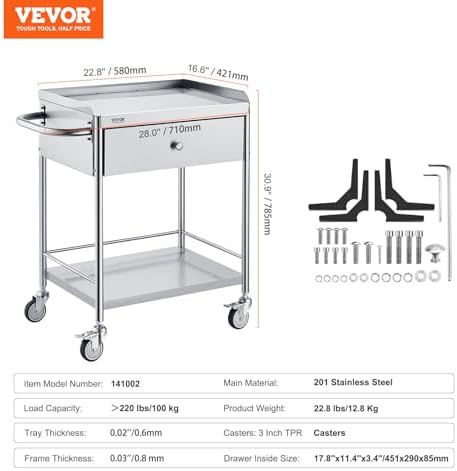 VEVOR Stainless Steel Utility Cart with Wheels - Medical/Dental Lab Cart - 2 Shelves/1 Drawer - Image 7