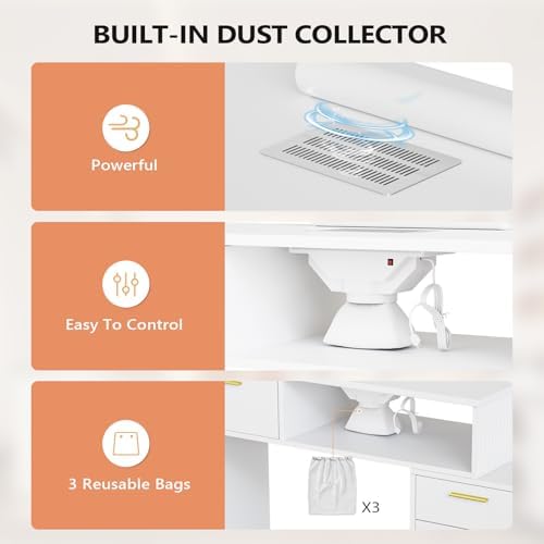 OmySalon Nail Desk with Ribbed Design & Electric Dust Collector - Nail Tech Station with Storage Drawer, Fluted Glass Cabinet & Wrist Cushion for Home Salon & Spa (White) - Image 3