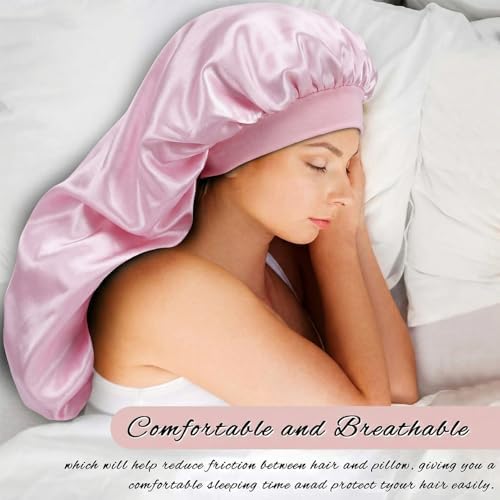 2Pcs Long Satin Bonnet Sleep Caps, Braids Bonnet, Black+Pink - Image 4