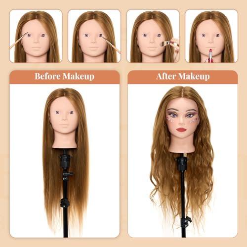 Mannequin Head with 80% Real Human hair- 28" Hair Mannequin Heads for Make up, Braiding Hairdressing Doll Head for Styling with Table Clamp + DIY Hair Styling Set - Image 3