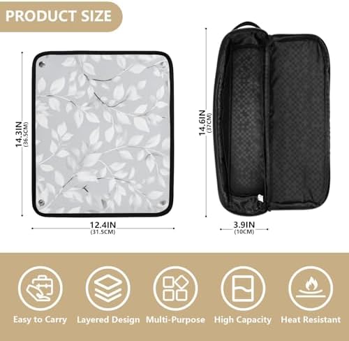 Hair Tools Travel Bag with Heat Resistant Mat Detachable 2-in-1 Curling Iron Travel Case Hot Tools Organizer for Straightener Flat Iron Light Grey Leaves - Image 4