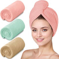 3 Pack Microfiber Hair Towel Wrap for Women, Fast Drying Hair Turban with Button, Anti-Frizz Large Hair Towel for All Hair Styles, Soft & Absorbent Hair Drying Towel (Pink, Khaki, Green) by YHPDYL