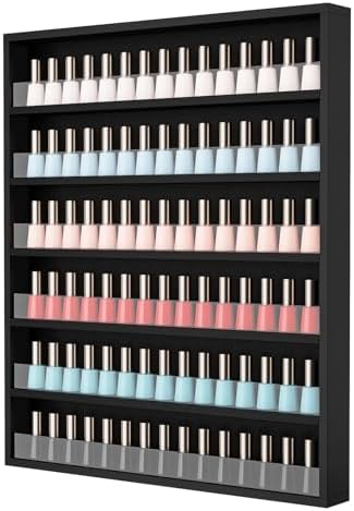 OmySalon Nail Polish Organizer Wall Mount - Holds 120+ Bottles with Acrylic Barrier, Salon Display Rack for Home Spa & Nail Studio - Assembly Required, Wooden Polish Storage (Black, 6-Tier) by OmySalon