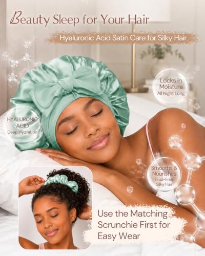BONNET QUEEN Silk Bonnet for Sleeping Women HYALURONIC Acid Reversible Double Layer Satin Bonnet Night Sleep Cap Wrap for Curly Hair with Adjustable Tie Band & Scrunchie, Sage & Dark Green - Image 2