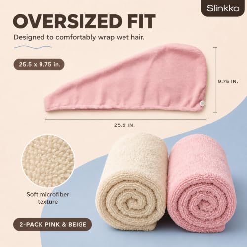 Microfiber Hair Towel Wrap for Women – Ultra Absorbent Quick Dry Turban | Button & Loop Design | Soft Lightweight Fabric | Reduces Frizz & Breakage | All Hair Types | Pink & Beige - Image 2