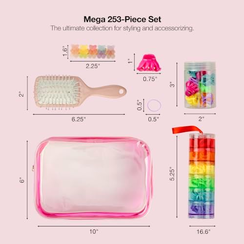 Scunci by Conair Hair Accessories Kit for Women, Hair Clips, Hair Ties & Mini Hair Brush Set, Travel Hair Essentials with Rainbow Polybands & Clear-Sided Storage Pouch, Pink - Image 4
