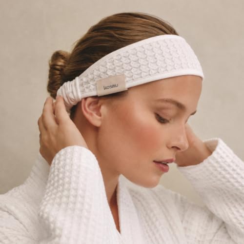 Luxury Organic Japanese Cotton Waffle Spa Headband for Women | Elastic Towel Headband for Makeup, Washing Face, Facial, Cosmetic & Skincare | Gift for Her Self-Care Beauty Routine (Shell White) - Image 5