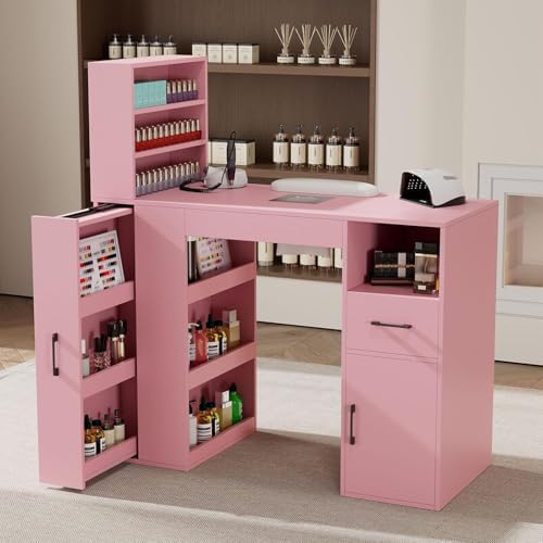 Professional Nail Desk for Nail Tech with Storage Cabinet and Fan – Modern Nail Table for Salon, Nail Tech Table with Drawer, Armrest & Dust Collector,Manicure Table Nail Desk (Pink) by GOFEI