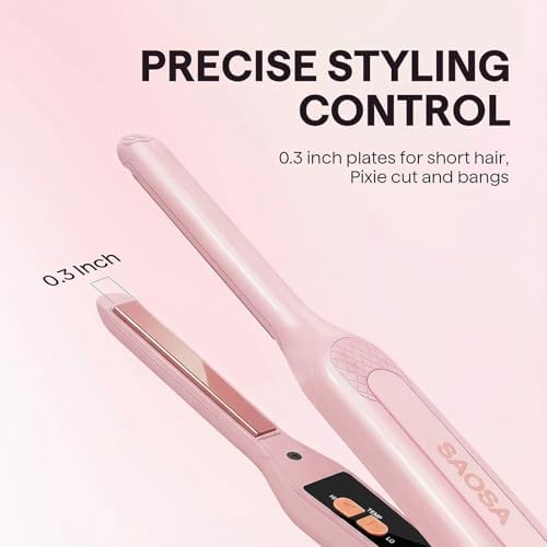 SAOSA Mini Pencil Flat Iron for Short Hair - 0.3" Ultra-Thin Hair Straightener & Curler, 9 Temp (190°F-430°F), Ceramic Tourmaline, Fast 30s Heat Up, Travel Kit with Pouch & Glove, Dual Voltage - Image 2