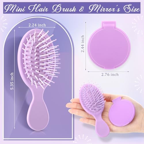 Meanplan 48 Pcs Mini Hair Brush Set 24 travel Wet Dry Hair Combs Pocket Detangling 24 Compact Folding Makeup Mirrors for Spa Sleepover Birthday Bridal Shower Bachelorette Christmas Party Gift(Purple) - Image 2