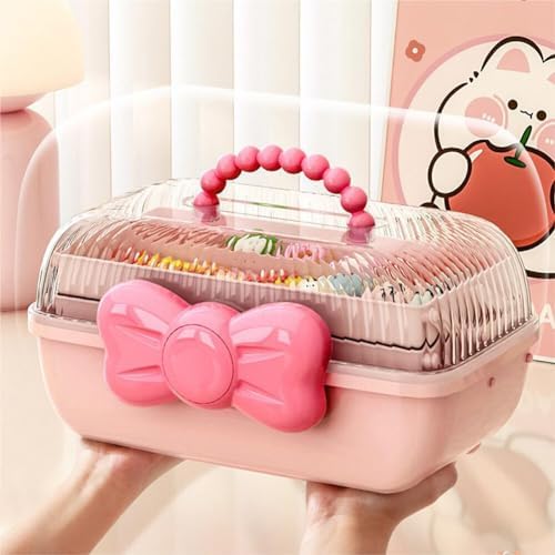 3-Layer Kids Hair Accessories Organizer with Bowknot Lock Cute Jewelry Box Headband Hair Tie Clip Organizer Box for Little Girls - Pink - Image 4