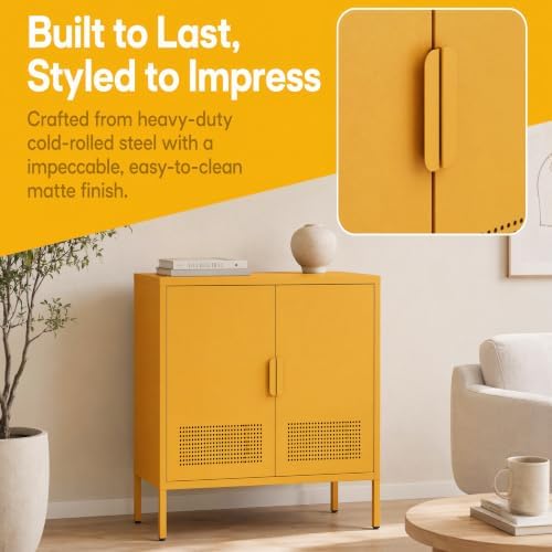 Yellow 2 Door Metal Storage Cabinet, Ventilated Accent Locker with 2 Adjustable Shelves, Freestanding 3 Tier Storage Sideboard Cabinet for Living Room Kitchen Bedroom Entryway Office - Image 5