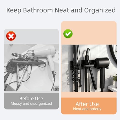 Hair Dryer Holder Wall Mounted Blow Dryer Holder Curling Iron Holder Straightener Holder 3 in 1 Bathroom Metal Hair Tool Organizer Rack（Matte Black） - Image 5