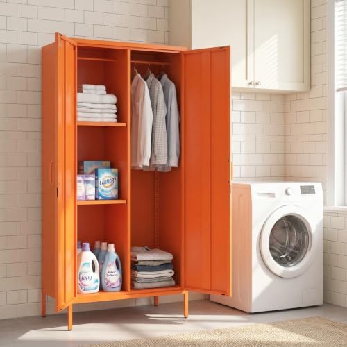 Lockable Metal Armoire Wardrobe Closet, 67 Inch Steel Clothing Storage Cabinet, Hanging Rod and Adjustable Shelves, Orange 2 Door Storage Cabinet for Bedroom Cloak Room Office Gym - Image 7