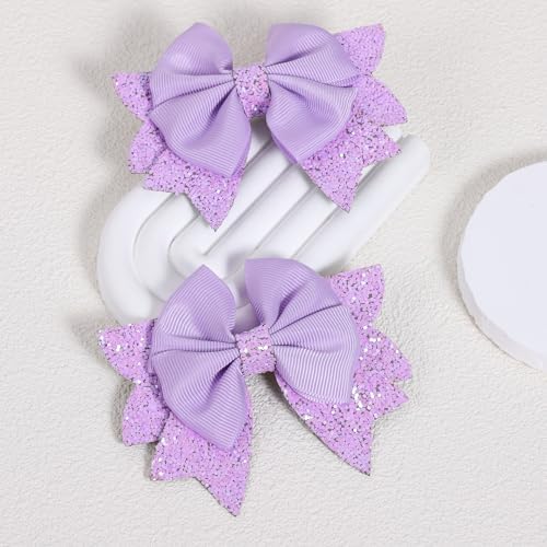 Glitter Light Purple Hair Bow Clips 2pc 3.5" Sparkly Boutique Ribbon Alligator Barrettes for Cheerleader Girls Costume Birthday Back School Dress Decor Accessory Gift - Image 2