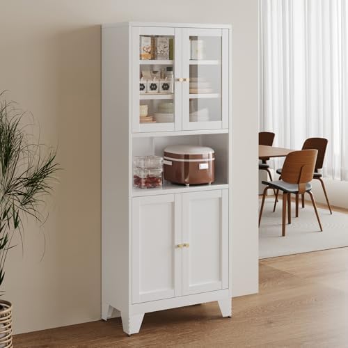Bevivog 69" Pantry Cabinet,Tall Metal Storage Cabinet with 2 Glass Doors, Freestanding Display Cupboard Tall Bathroom Linen Cabinets with 5 Shelves Storage for Living Room Kitchen Pantry by BevivogStylishCabinetsOrganizeYourSpace