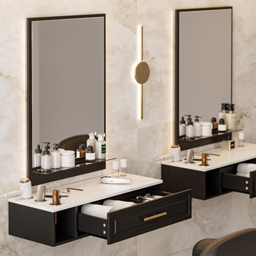 Wall Mount Salon Station with Mirror, Wall Mount Styling Station w/One Drawer, 3 Hair Dryer Holders & Glass Shelf, Beauty Barber Spa Equipment for Hair Stylist(Black) by Belandi