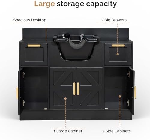 OmySalon Salon Station, Barber Station for Hair Stylist, Storage Cabinet with Shampoo Bowl, Drawer, Backwash Sink, UPC Certified Sprayer Faucet, for Beauty Salon Spa, Black - Image 7